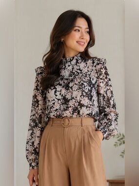 Express Floral Ruffle Yoke Blouse - Black & Light Pink